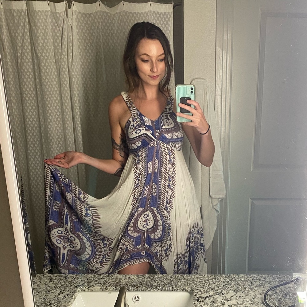 Boho Goddess Handkerchief Dress Blue Brown Tribal